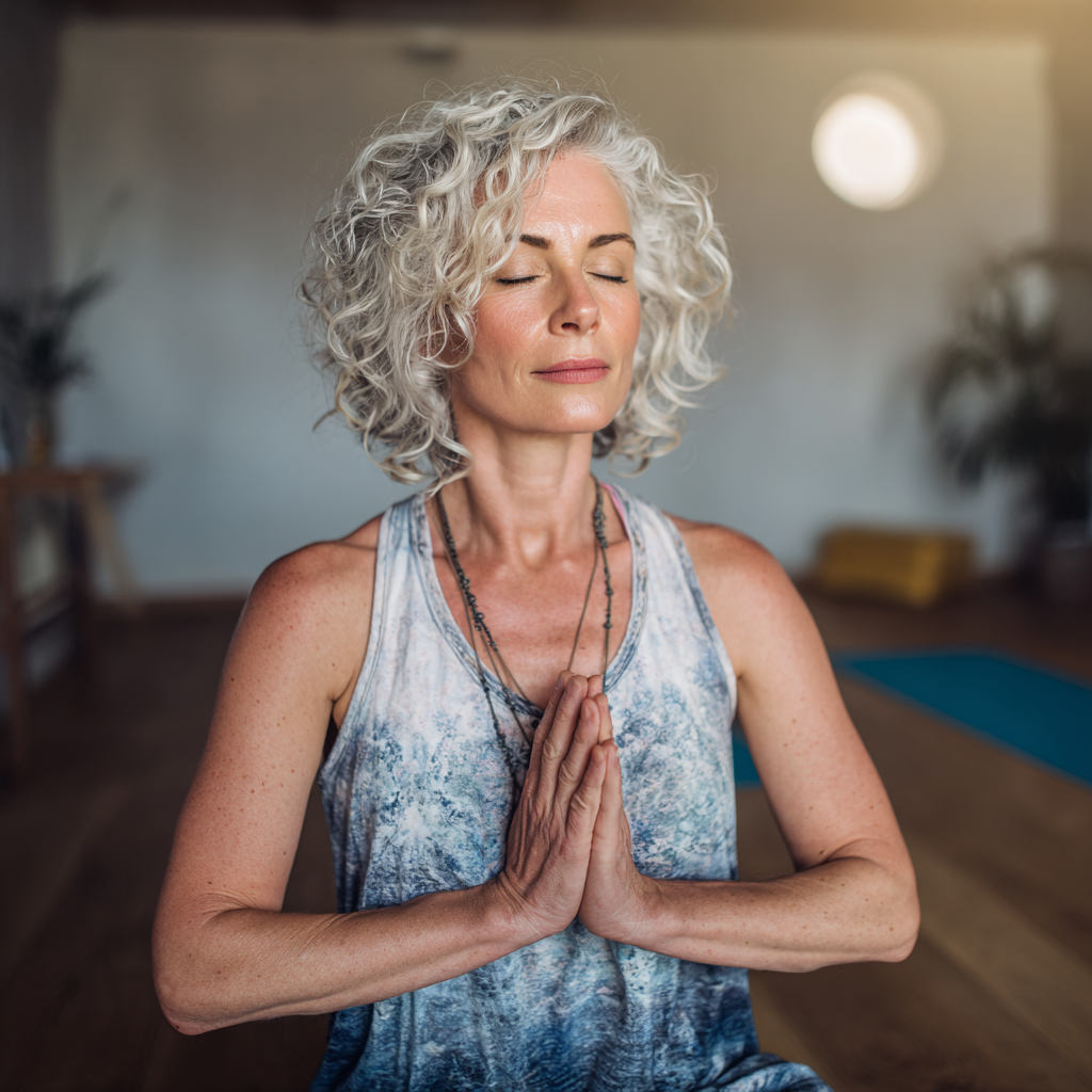 Serene middle-aged woman practicing yoga in peaceful studio environment
